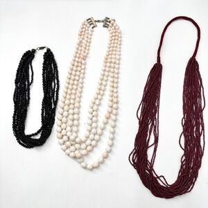 Lot of 3 Statement Necklaces Burgundy Bead Cream & Black‎ Multi-Strand Statement